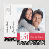 Red Black Damask Foto Sla de datum op Aankondigingskaart (Voorkant / Achterkant)