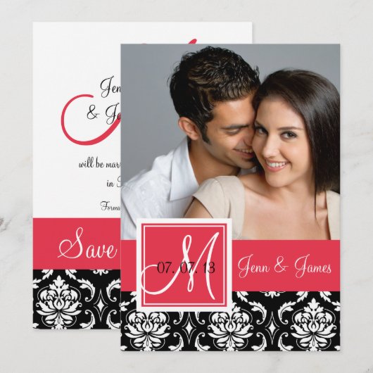 Red Black Damask Foto slaat de datum op Save The Date (Voorkant / Achterkant)