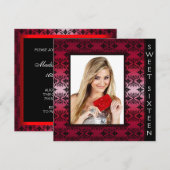 Red Black Damask Foto Sweet 16 Verjaardagsfeest Kaart (Voorkant / Achterkant)