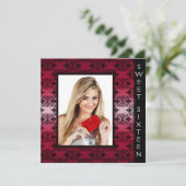 Red Black Damask Foto Sweet 16 Verjaardagsfeest Kaart (Staand voorkant)