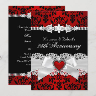 Red Black Damask Heart Bow 25th Jubileum Kaart
