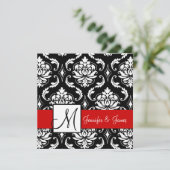 Red Black Damask Initiaal Wedding Invitation Kaart (Staand voorkant)