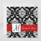 Red Black Damask Initiaal Wedding Invitation Kaart (Voorkant)