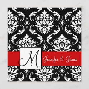 Red Black Damask Initiaal Wedding Invitation Kaart