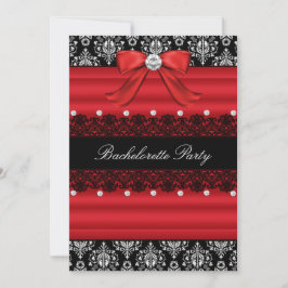 Red & Black Damask Lace Bachelorette Party Invite Kaart