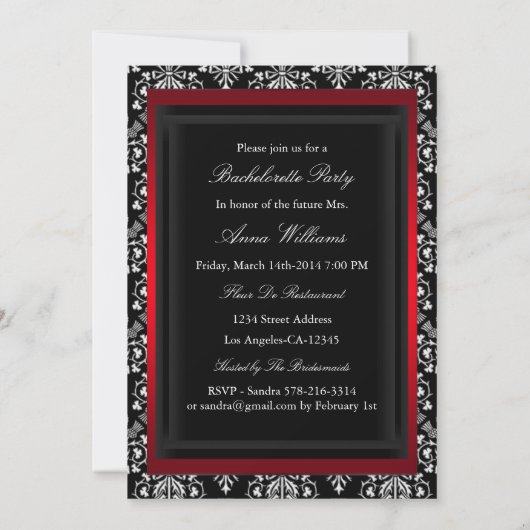 Red & Black Damask Lace Bachelorette Party Invite Kaart (Achterkant)