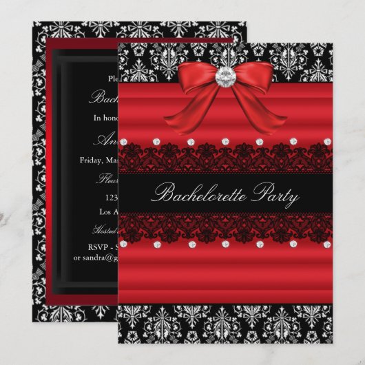 Red & Black Damask Lace Bachelorette Party Invite Kaart (Voorkant / Achterkant)