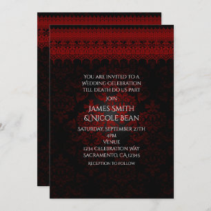 Red Black Damask & Lace Gothic Romantic Invitation Kaart