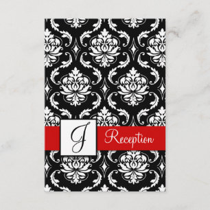 Red Black Damask Monogram Reception Kaart