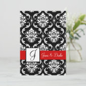 Red Black Damask Monogram Weddenschap Kaart (Staand voorkant)