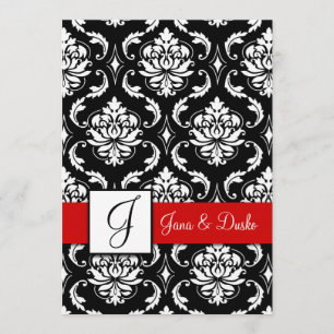 Red Black Damask Monogram Weddenschap Kaart
