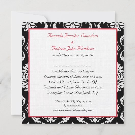 Red Black Damask Names Wedding Invitation Kaart (Achterkant)