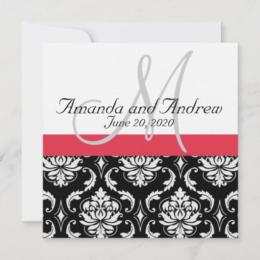 Red Black Damask Names Wedding Invitation Kaart (Voorkant)