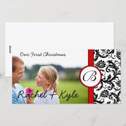 Red & Black Damask ons eerste kerstfeest je foto Feestdagenkaart (Voorkant / Achterkant)