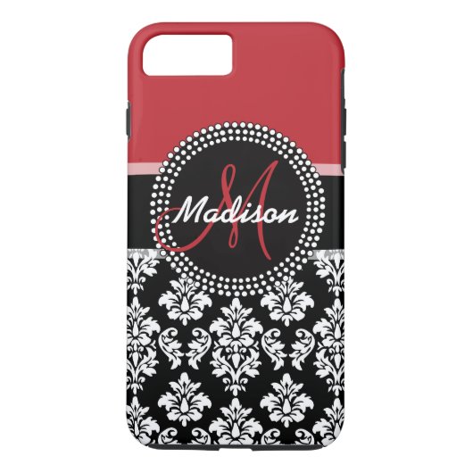 Red Black Damask Pattern, Jouw naam Monogram Case-Mate iPhone Case (Achterkant)