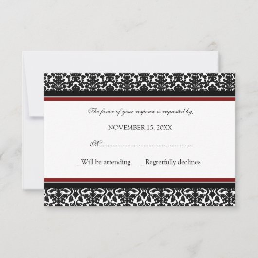 Red Black Damask RSVP-bruiloft RSVP Kaartje (Voorkant)