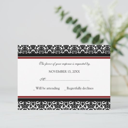 Red Black Damask RSVP-bruiloft RSVP Kaartje (Staand voorkant)