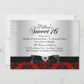 Red Black Damask Sparkle Sweet 16 Invite Kaart (Voorkant)