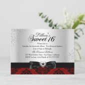 Red Black Damask Sparkle Sweet 16 Invite Kaart (Staand voorkant)