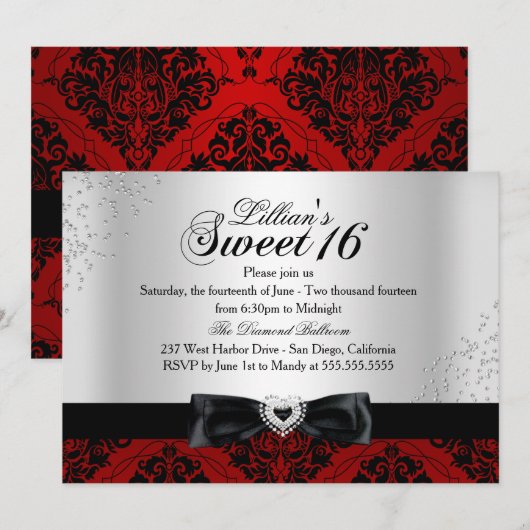 Red Black Damask Sparkle Sweet 16 Invite Kaart (Voorkant / Achterkant)