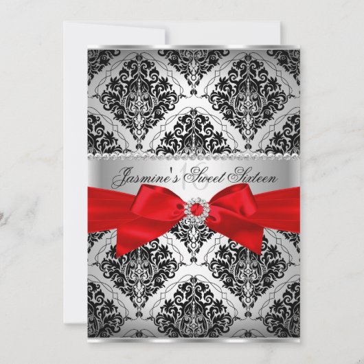  Red Black Damask Sweet 16 Uitnodiging (Voorkant)