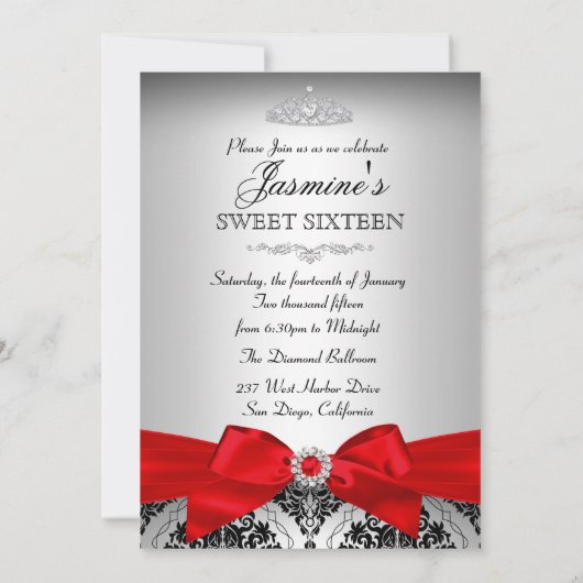  Red Black Damask Sweet 16 Uitnodiging (Achterkant)