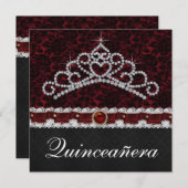 Red Black Damask Tiara Red Black Quinceanera Kaart (Voorkant / Achterkant)