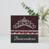 Red Black Damask Tiara Red Black Quinceanera Kaart (Staand voorkant)