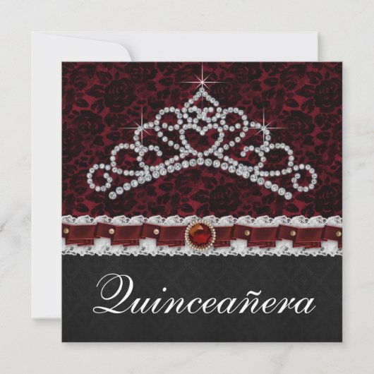 Red Black Damask Tiara Red Black Quinceanera Kaart (Voorkant)