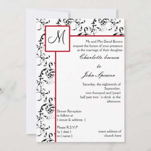 Red Black Damask Wedding Invitations Kaart (Voorkant)