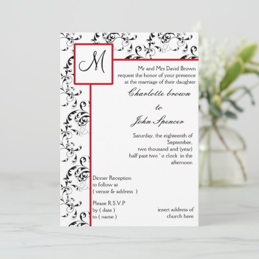 Red Black Damask Wedding Invitations Kaart (Staand voorkant)