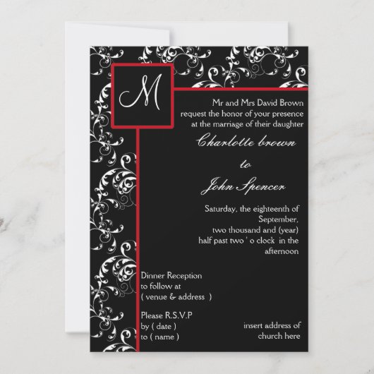 Red Black Damask Wedding Invitations Kaart (Voorkant)
