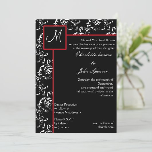 Red Black Damask Wedding Invitations Kaart (Staand voorkant)
