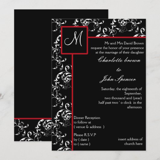 Red Black Damask Wedding Invitations Kaart (Voorkant / Achterkant)