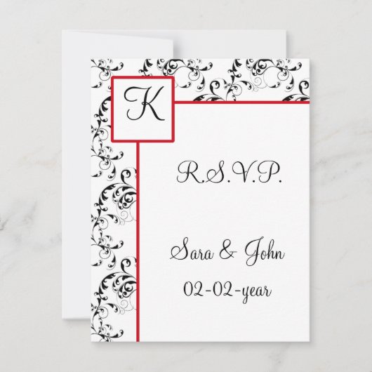 Red Black Damask Wedding Invitations Kaart (Voorkant)