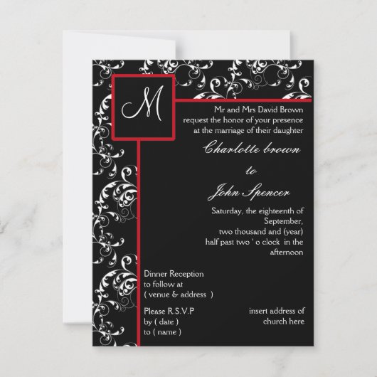 Red Black Damask Wedding Invitations Kaart (Voorkant)