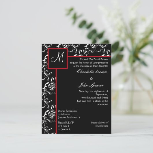Red Black Damask Wedding Invitations Kaart (Staand voorkant)