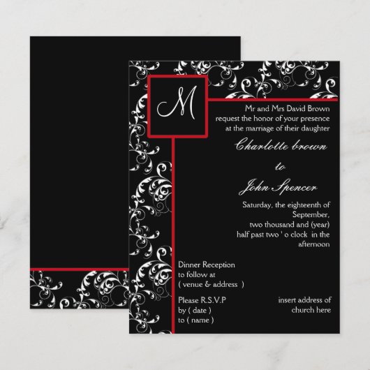 Red Black Damask Wedding Invitations Kaart (Voorkant / Achterkant)