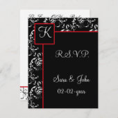 Red Black Damask Wedding Invitations RSVP Kaartje (Voorkant / Achterkant)