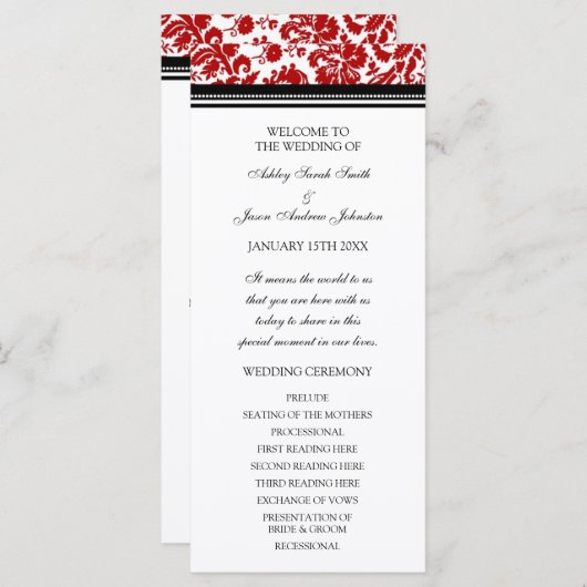 Red Black Damask Wedding Program Programmakaart (Voorkant / Achterkant)