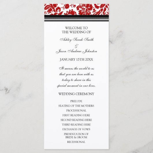 Red Black Damask Wedding Program Programmakaart (Voorkant)