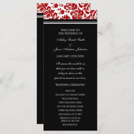 Red Black Damask Wedding Program Programmakaart (Voorkant / Achterkant)