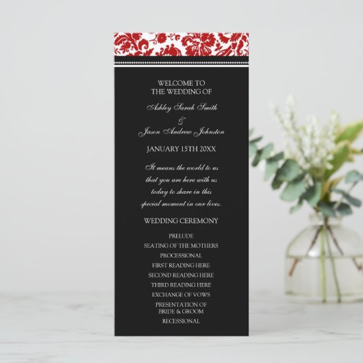 Red Black Damask Wedding Program Programmakaart (Staand voorkant)