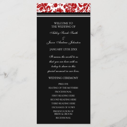 Red Black Damask Wedding Program Programmakaart (Voorkant)