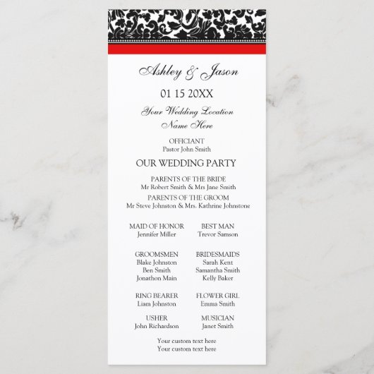 Red Black Damask Wedding Program Programmakaart (Achterkant)