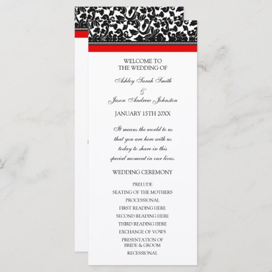 Red Black Damask Wedding Program Programmakaart (Voorkant / Achterkant)