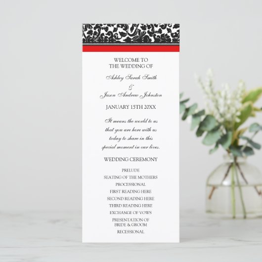 Red Black Damask Wedding Program Programmakaart (Staand voorkant)