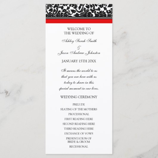 Red Black Damask Wedding Program Programmakaart (Voorkant)