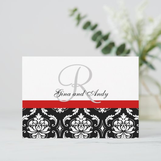 Red Black Damask Wedding RSVP voor Square Invites Kaartje (Staand voorkant)