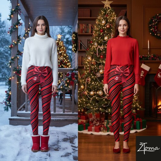 Red Black Diagonal Stripes Graphic Bow Leggings